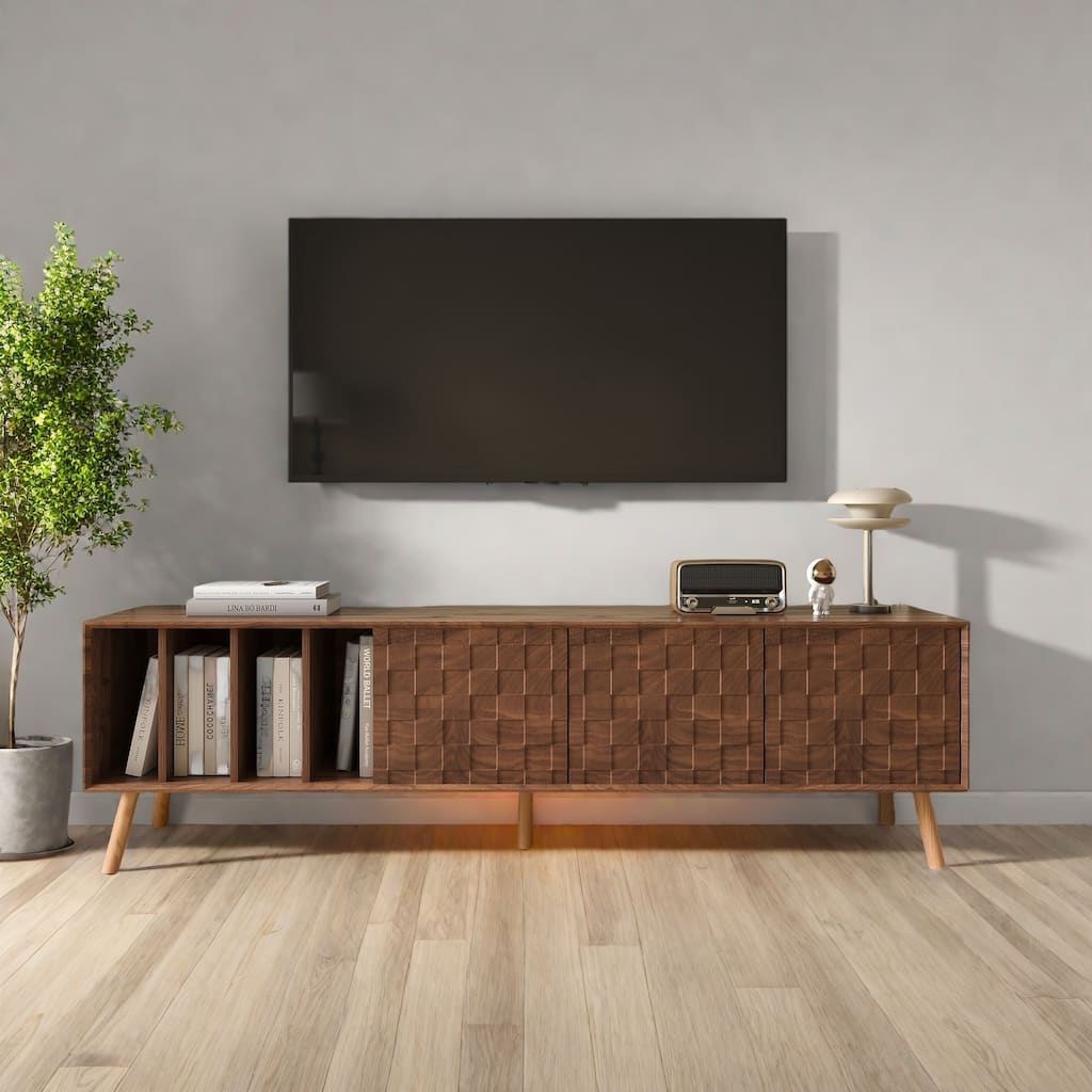 70.8" Mid-Century Modern TV Stand with Push-to-Open Doors, Solid Wood Legs & Adjustable Feet