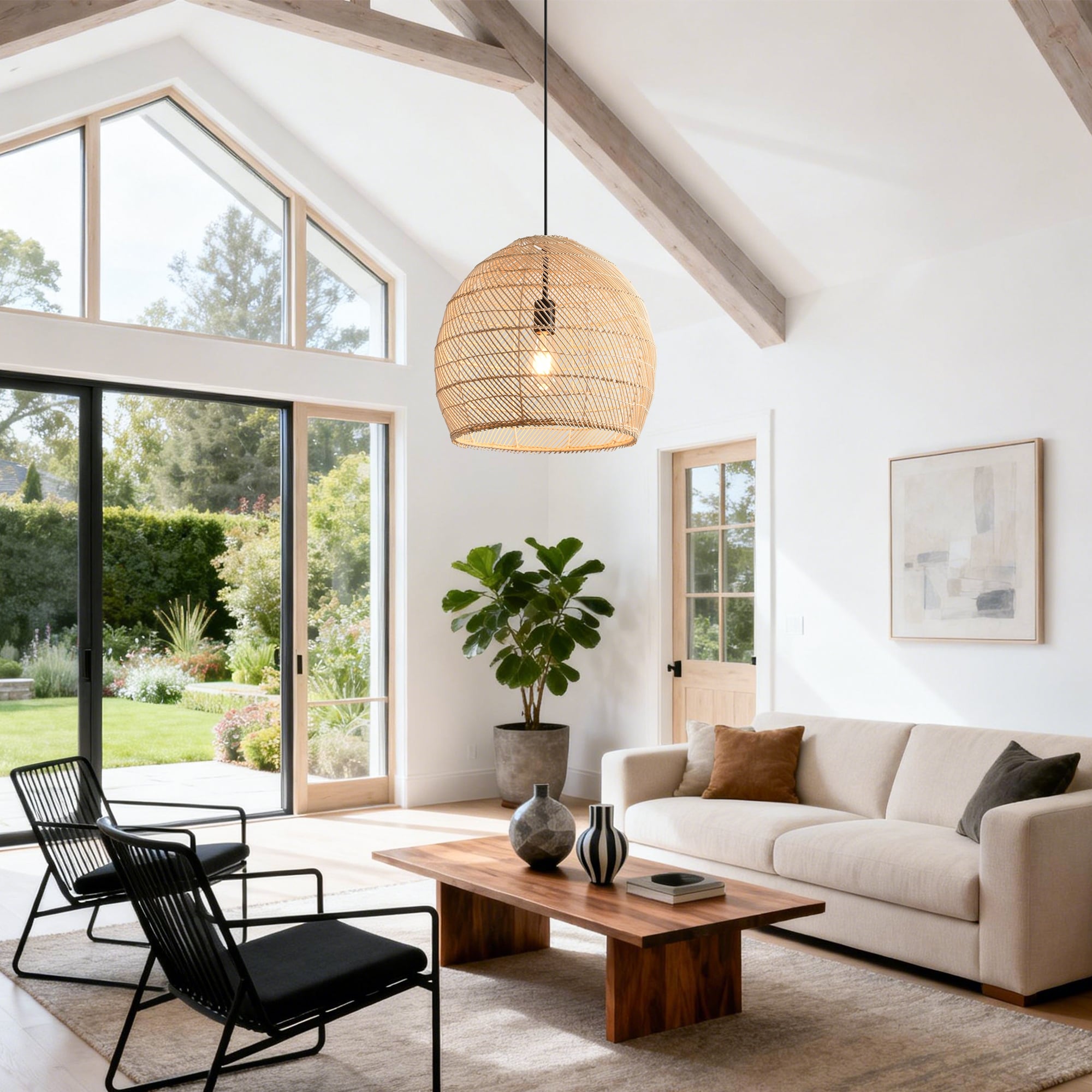 1-Light Coastal Style Brown Hand-Woven Rattan Cloche Hanging Pendant Light - 15.7" W x 62.9" H