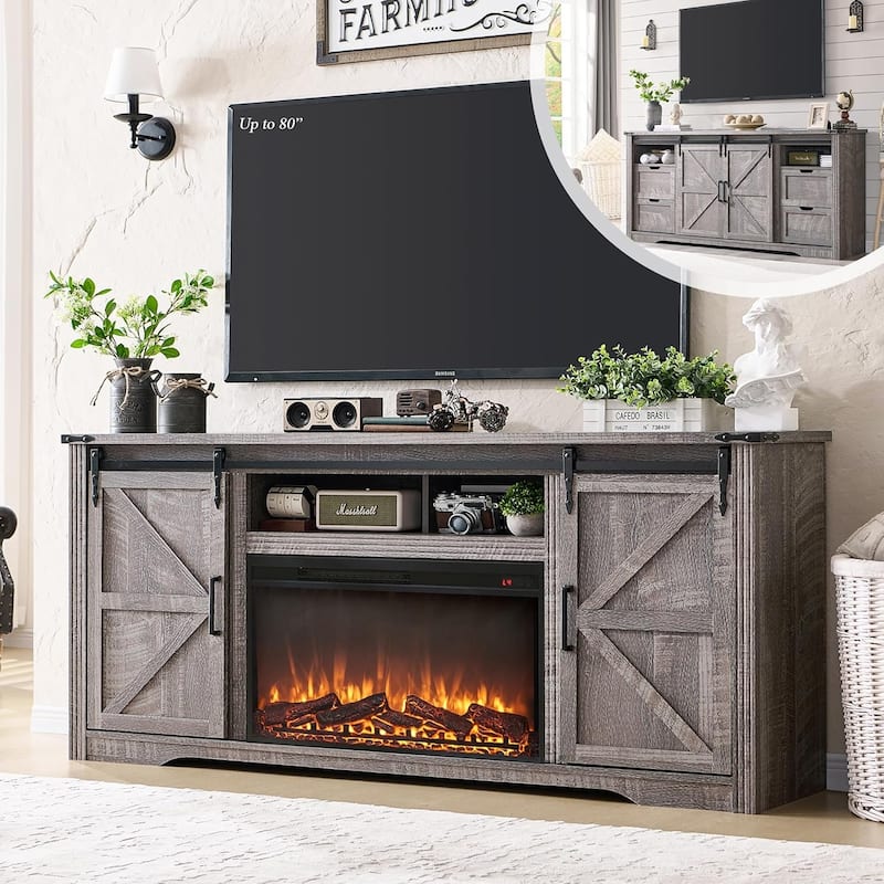 Farmhouse Fireplace TV Stand for 80 Inch TV, Entertainment Center - Grey