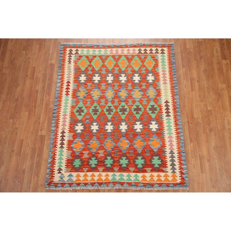 Hand Woven Oriental 100% Wool Carpet Southwestern All-Over Oranges & Rust Kilim Area Rug - 6' 2'' X 5' 0''