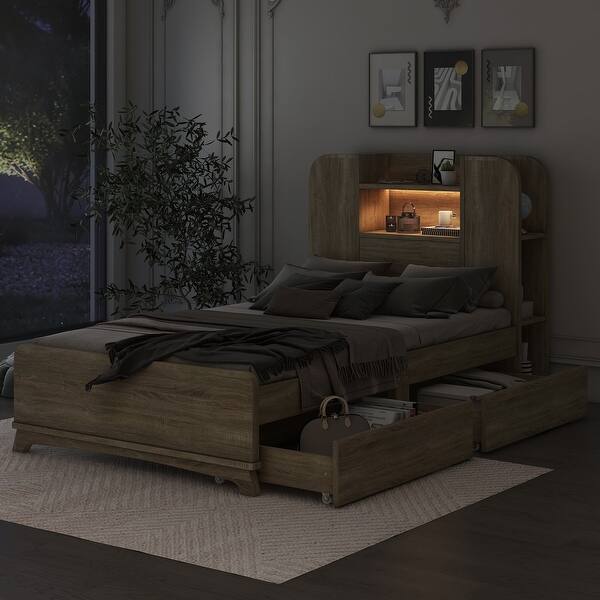 slide 2 of 15, Twin Size Wood Bed Frame Slat Support Storage Platform Bed with Storage Headboard and 2 Drawers Slats Supports - Natural Natural - Twin