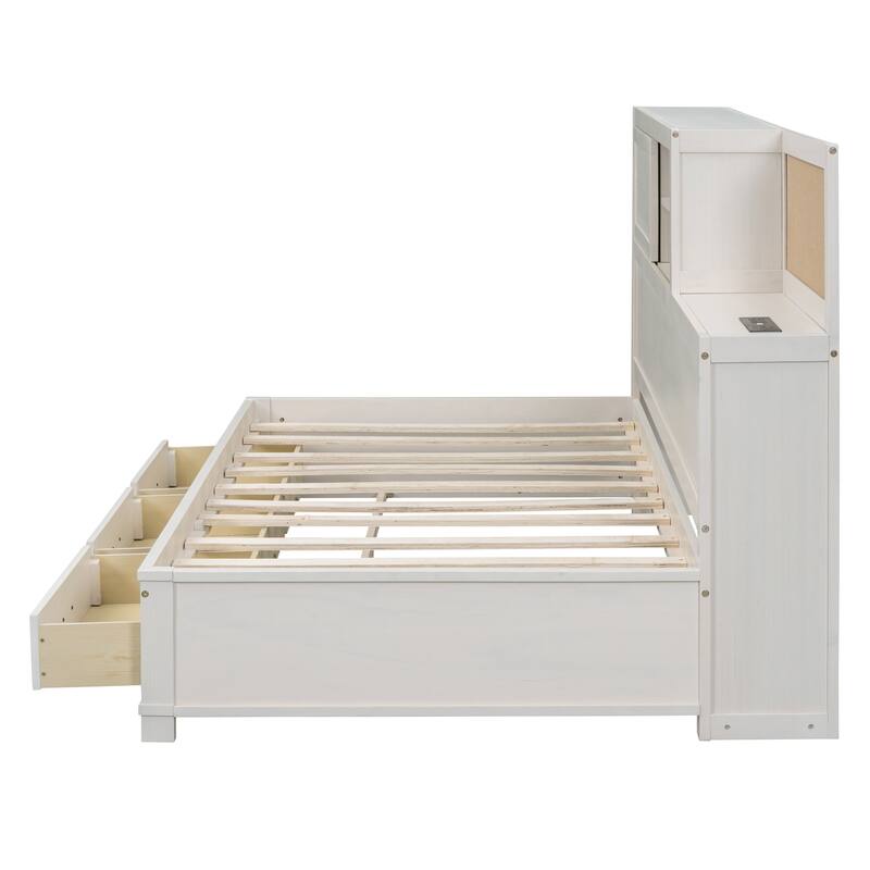 Full/Twin Size Built-in Storage Bed Versatile Wooden Daybed with 3 Drawers, Pushable Top Shelf, USB Ports and Power Outlets