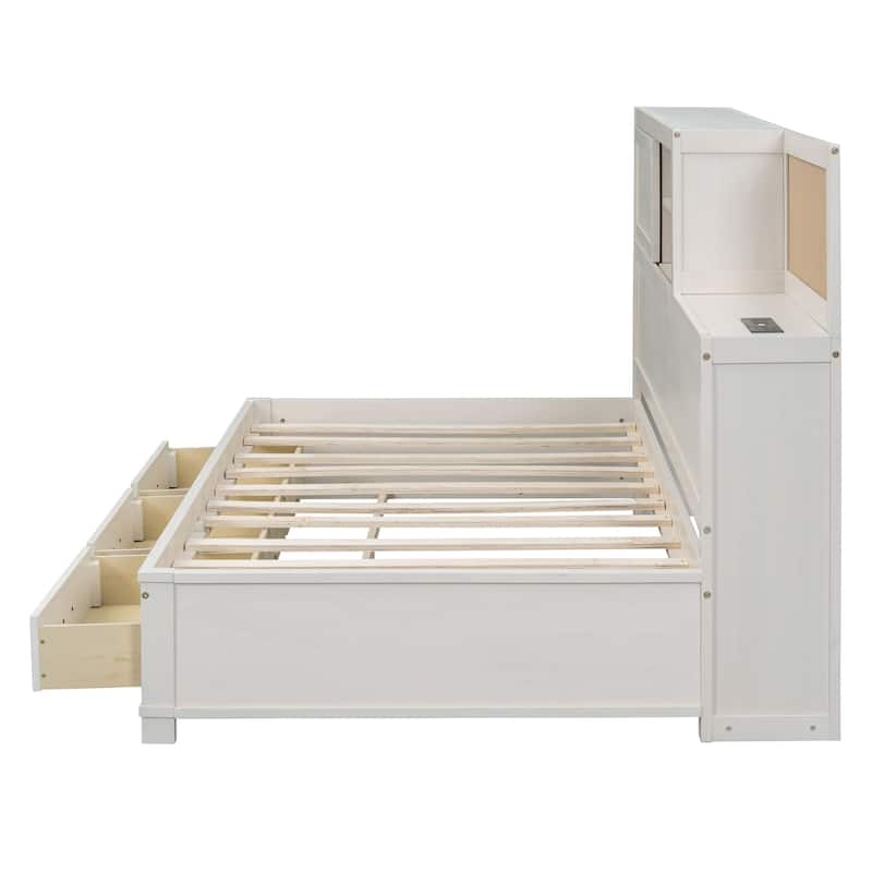 Twin Size Wooden Daybed with 3 Storage Drawers, Upper Soft Board, Pushable Top Shelf and a Set of Sockets and USB Ports