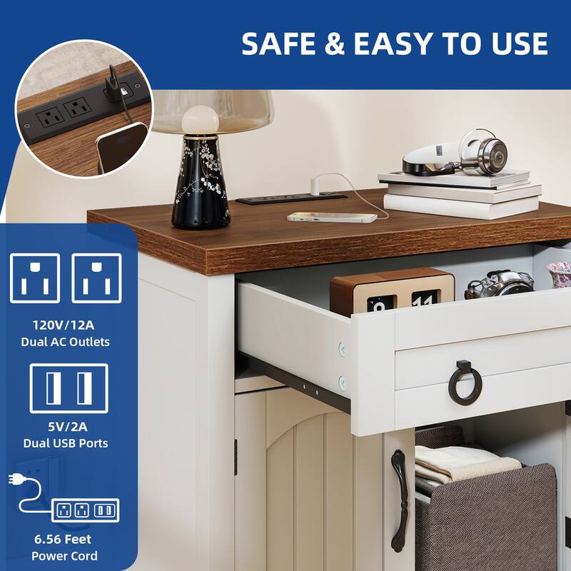Moasis Farmhouse Nightstand with Charging Station,End Table with 2-Door Cabinet