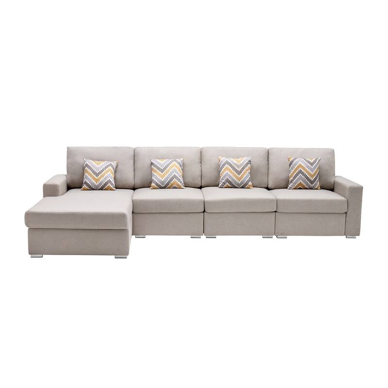 Linen Fabric 4 Piece Reversible Sectional Sofa Chaise with Pillows and Interchangeable Legs in Beige - 4 Piece - Beige
