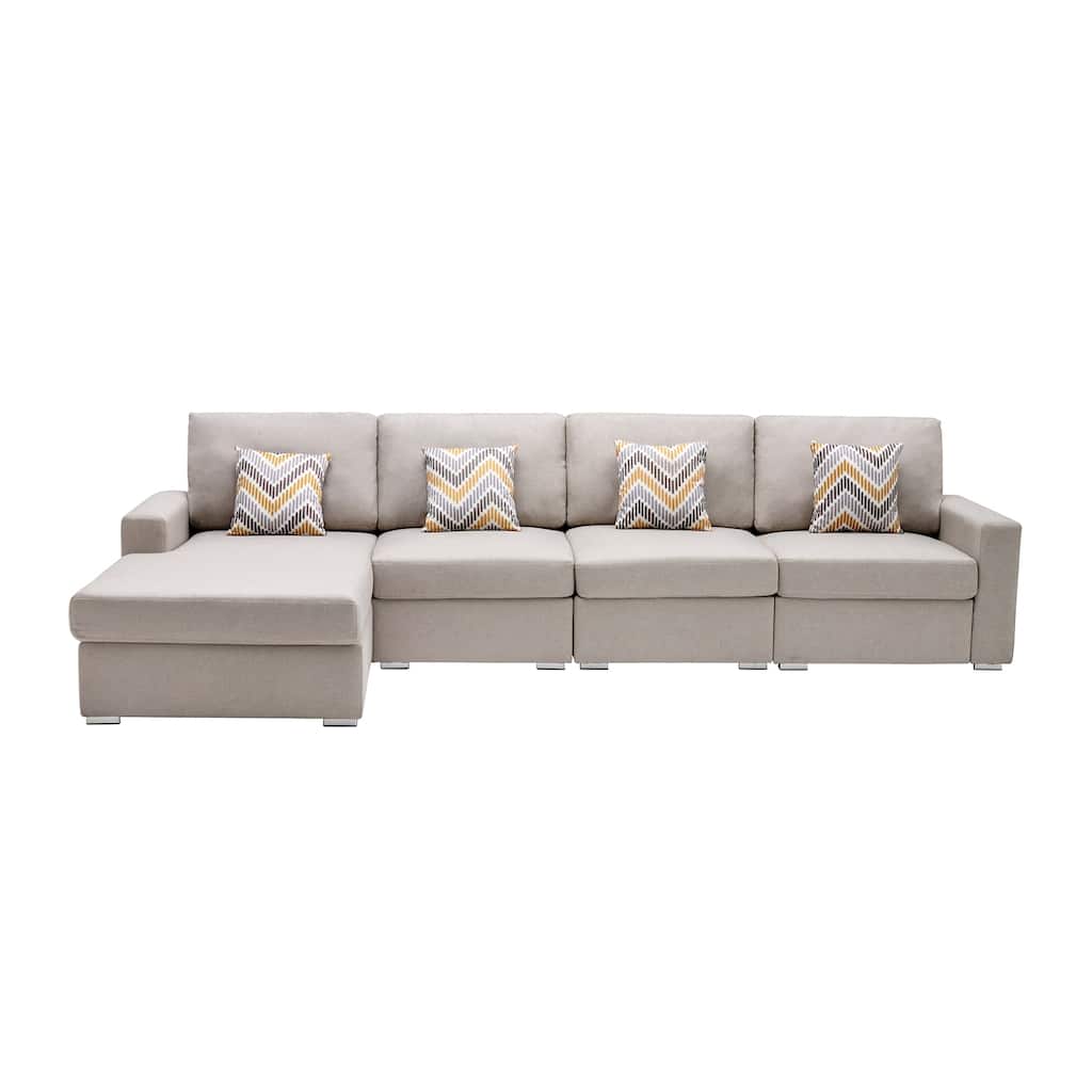 Linen Fabric 4 Piece Reversible Sectional Sofa Chaise with Pillows and Interchangeable Legs in Beige