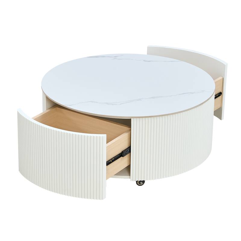 Luxury Faux Marble Coffee Table, Small Round Movable Center Table with Casters, Modern Cocktail Tea Table with 2 Storage Drawers