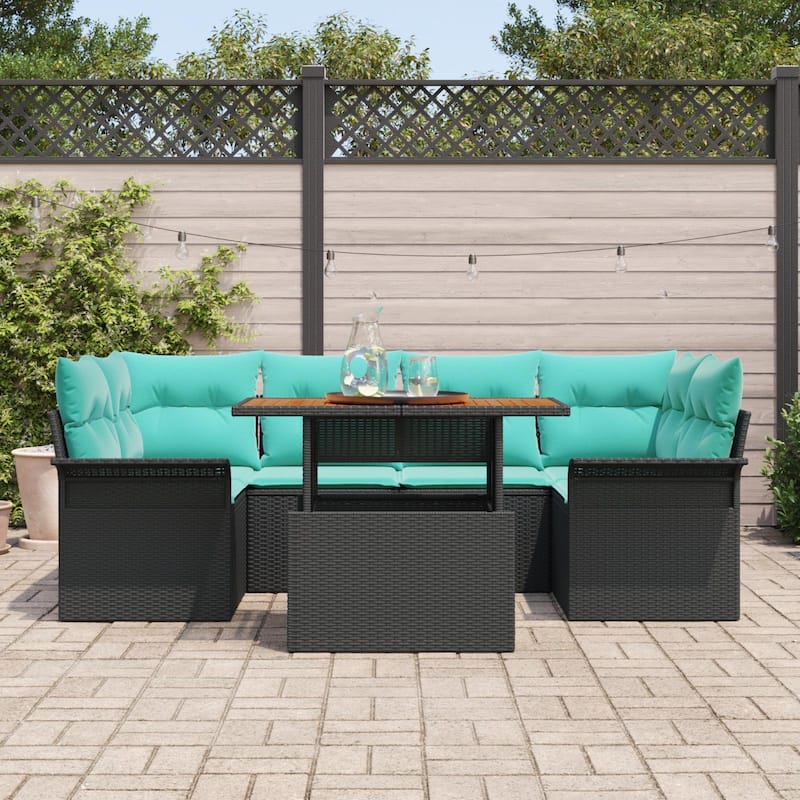 vidaXL 7 Piece Garden Sofa Set with Cushions Black Poly Rattan - 92.1×52.2×27.2