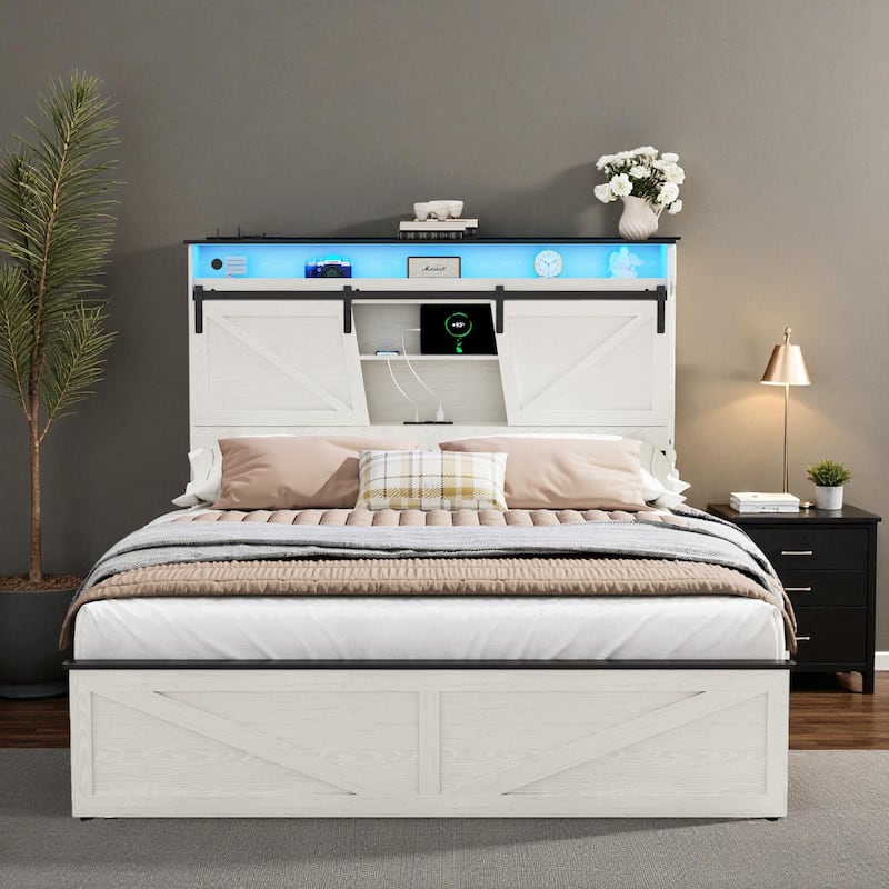 Farmhouse Full/Queen Bed Frame with Storage Headboard, Drawers, Charging Station and RGB LED Lights, MDF and Steel Platform Bed - White - Full