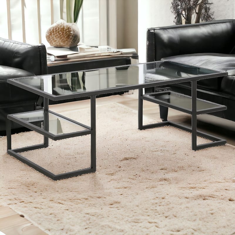 Sleek 47 Inch Rectangular Coffee Table with Glass Top and Steel Frame 2 Shelves for Storage - 47"L x 22"W x 18"H