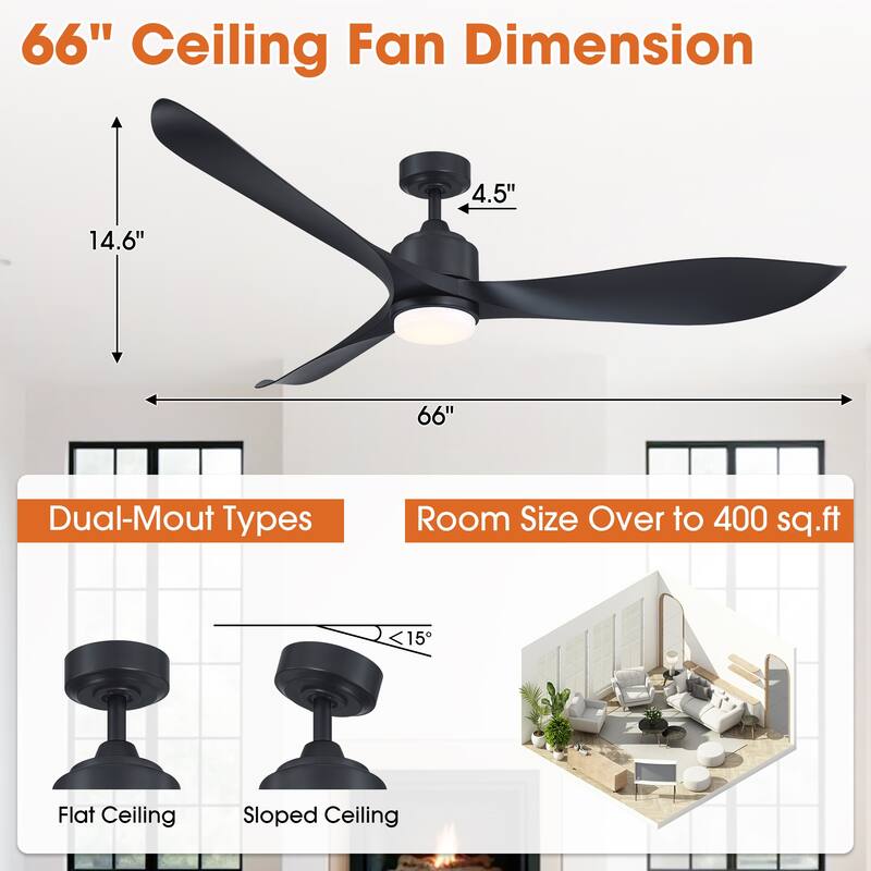 66" Classic Black/ Brown ABS Propeller LED Ceiling Fan with Light and Remote