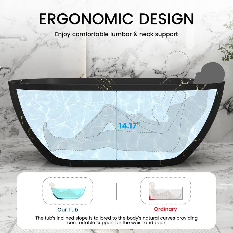 59 in Solid Surface Freestanding Soaking Bathtub in Matte Black with Sky Mirror Star River Marble Pattern, Center Drain