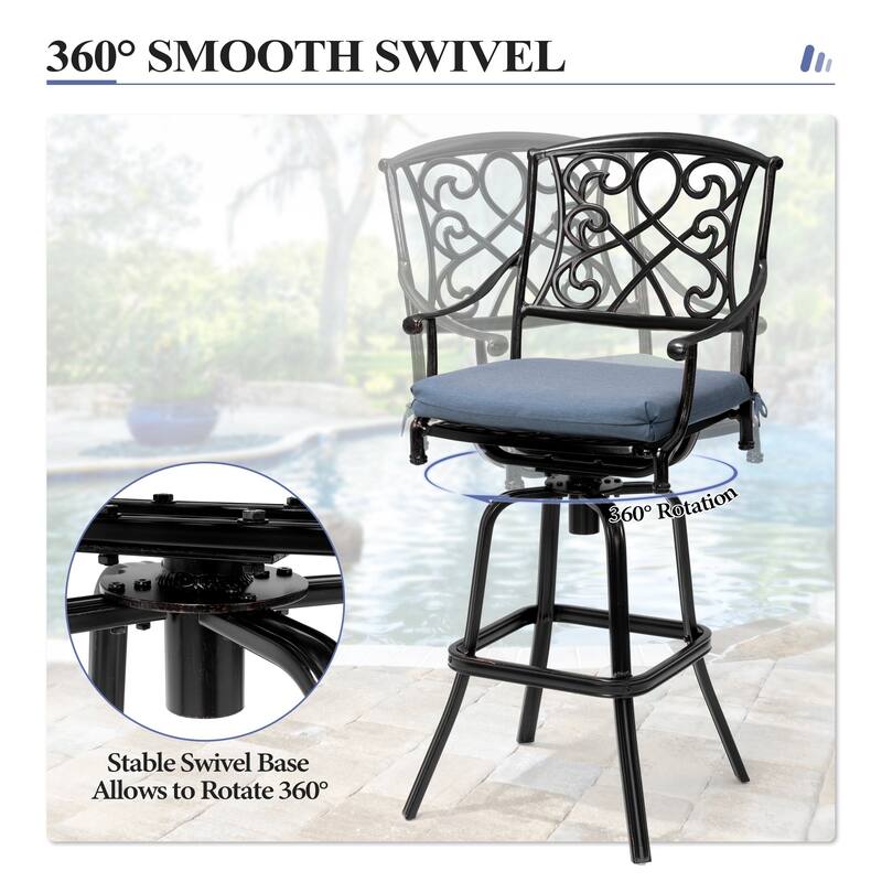 Set of 2/4 Outdoor Cast Aluminum Swivel Bar Stools with Sunbrella Fabric Cushion