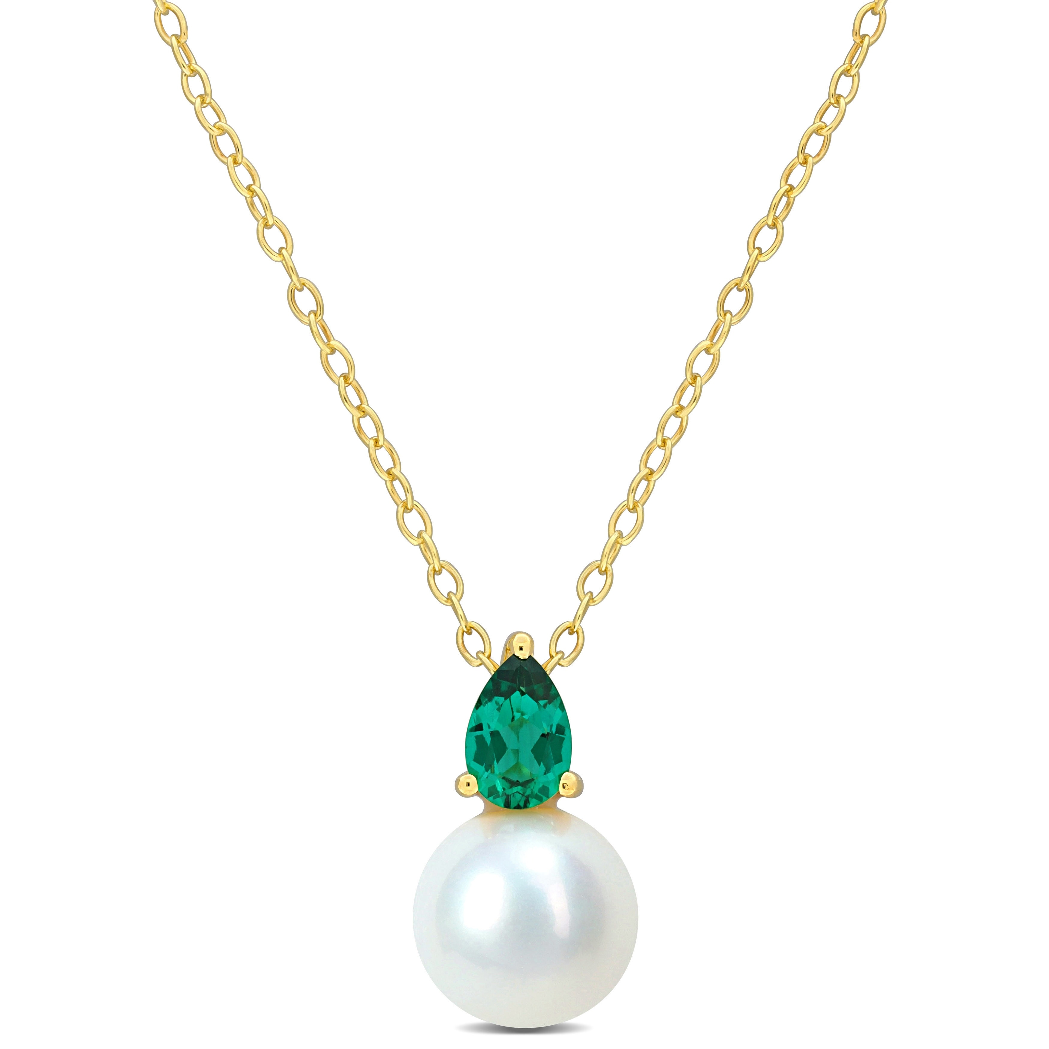 Miadora 3/8ct TGW Created Emerald 8.5-9mm Cultured Freshwater Pearl Necklace Yellow Silver - 15.5 mm x 8.6 mm