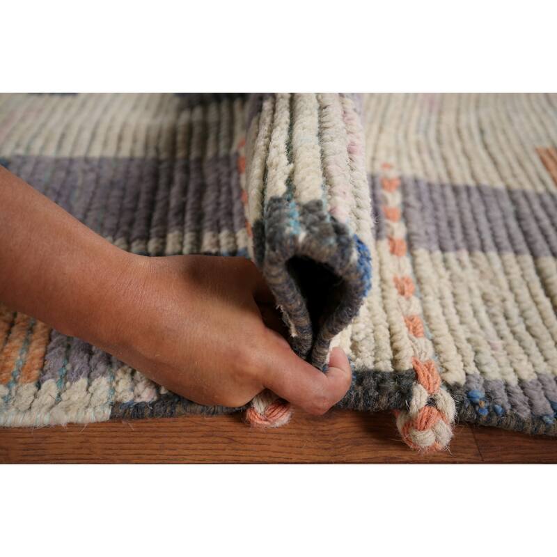 Beige Moroccan Abstract Area Rug Hand-Knotted Wool Carpet - 8'0"x 12'4"