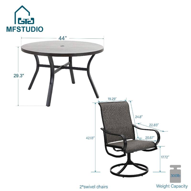 MFSTUDIO 5 Pieces Dining Set,4 Sling Dining Swivel Chairs and 44" Round Metal Wood Grain Table with 1.6" Umbrella Hole