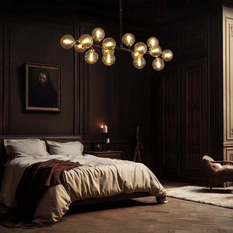 40 in. Linear Mid Century Modern Chandelier 16-Light Gold Brass Sputnik Pendant Light with Frosted Glass Globe for Dining Room