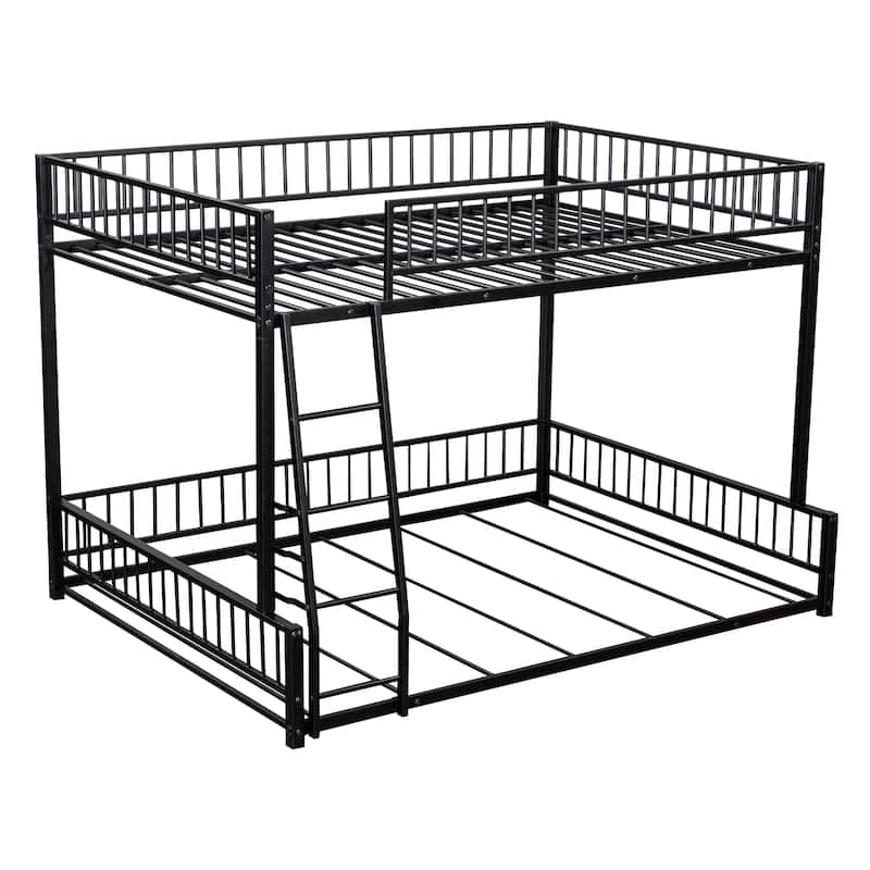 Roomfitters Twin/Full XL over Queen Floor Bunk Bed Frame with Ladder and Safety Guardrails Easy Assembly, Black