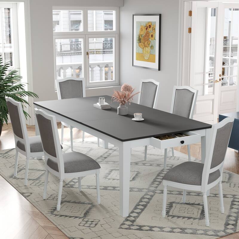 7 Pcs Dining Table Set, Solid Wood Table and Chairs Set with Extendable Dining Table, 2 Drawers and 6 Upholstered Chairs - Dark Gray,White