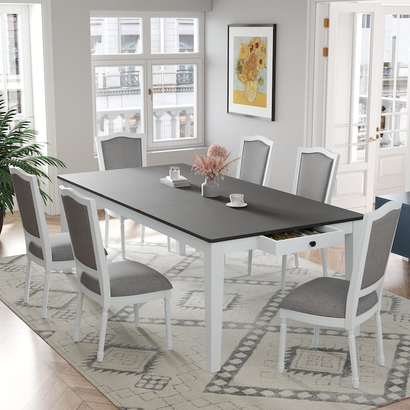 78.1'' Extendable Wood Dining Table Set with Removable Leaf and 6 Upholstered Dining Chairs - Dark Gray+White