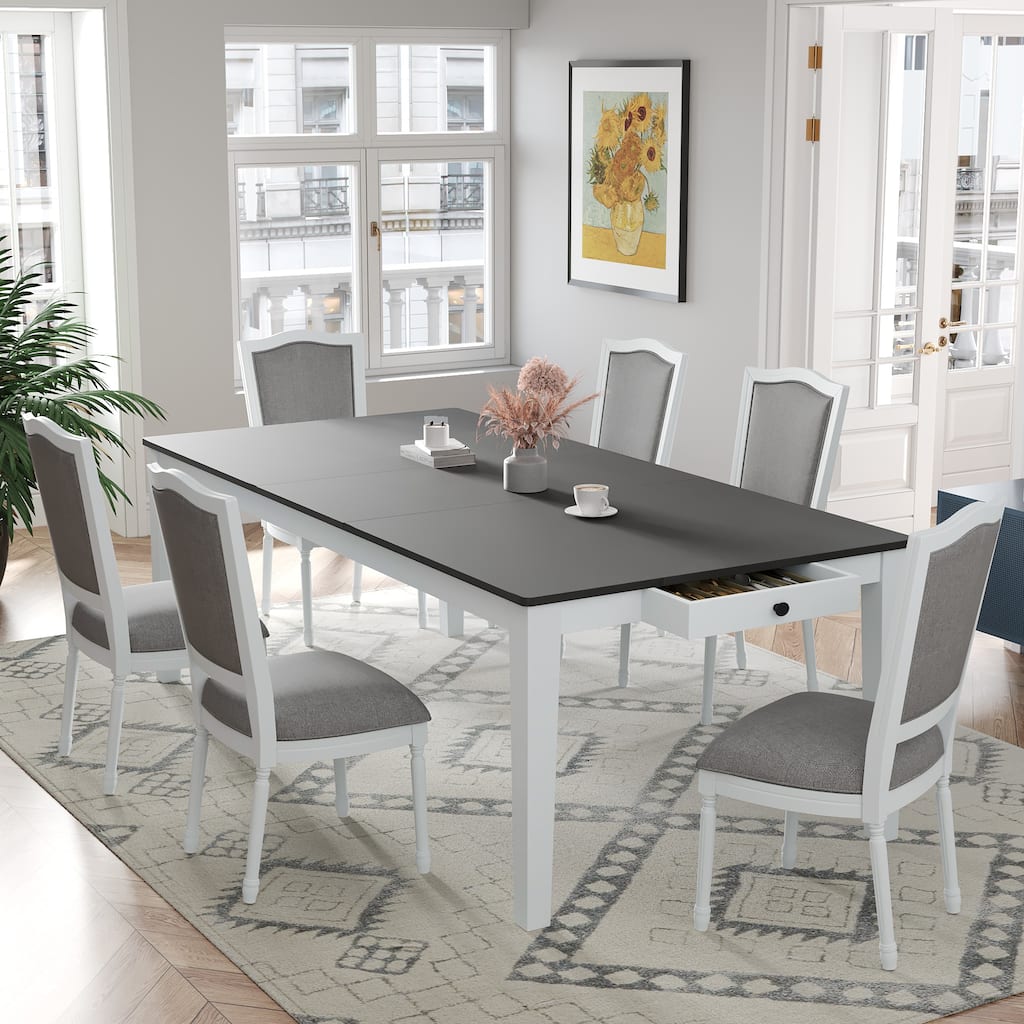 Roomfitters Rustic 7-Piece 78.1" Extendable Dining Set with Removable Leaf, Upholstered Chairs and Built-in Storage