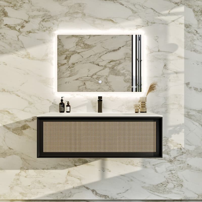 Nets 44 in. Natural Oak/Black SS Bath Vanity with Solid Surface Top