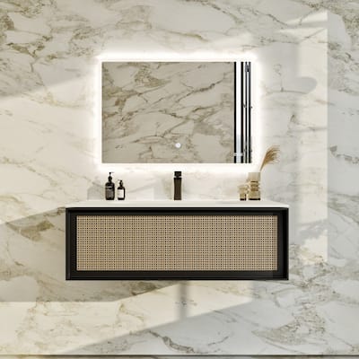 Nets 44 in. Natural Oak/Black SS Bath Vanity with Solid Surface Top