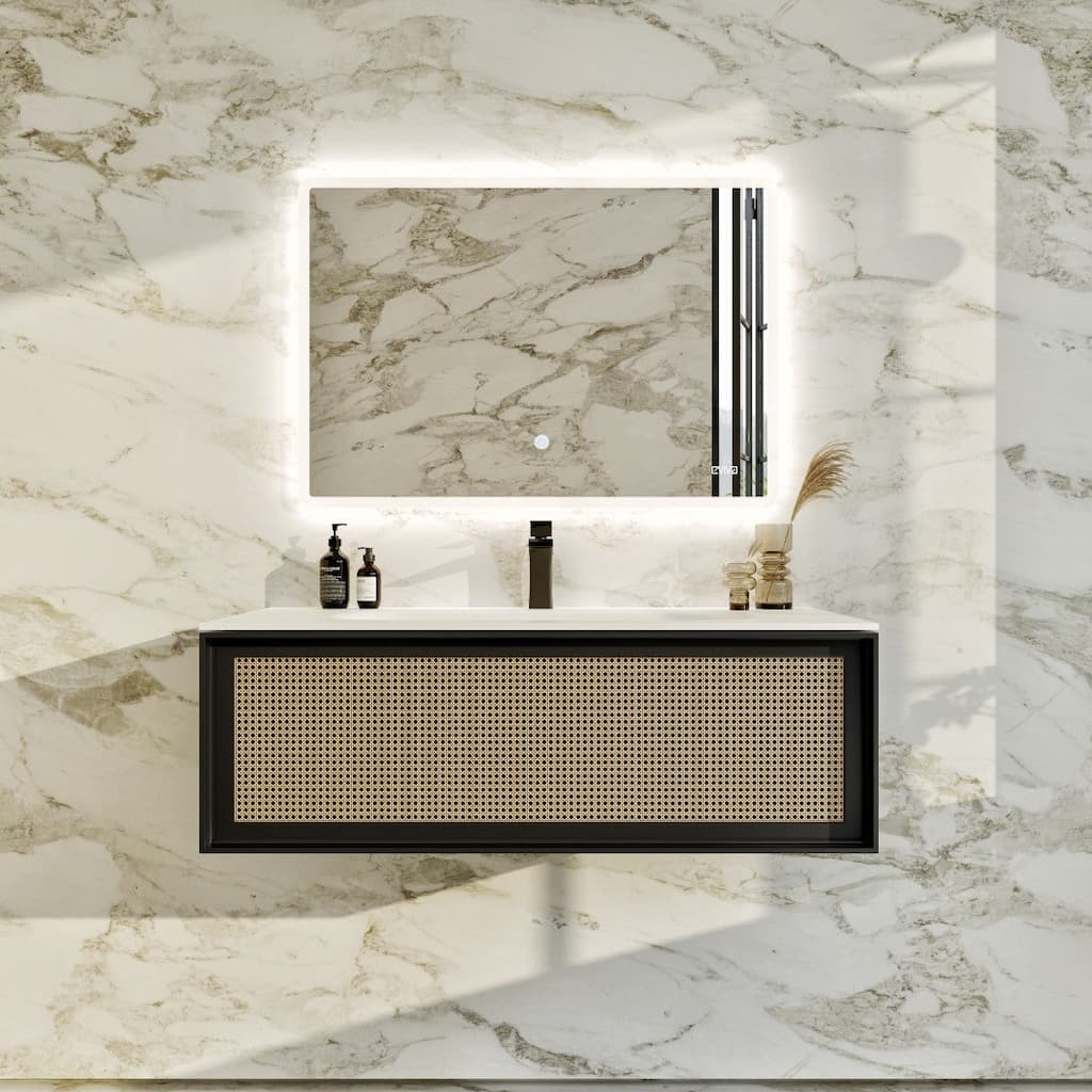Nets 44 in. Natural Oak/Black SS Bath Vanity with Solid Surface Top