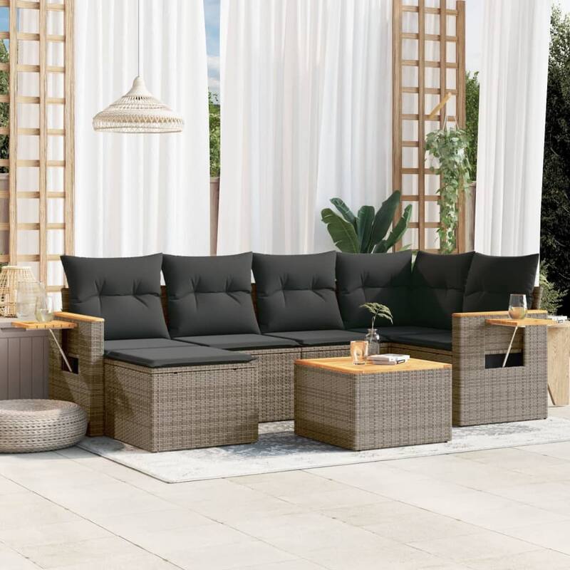 vidaXL Patio Sofa Set with Cushions Outdoor Conversation Furniture Poly Rattan - Grey with table - 21.7 x 21.7 x 14.6 in