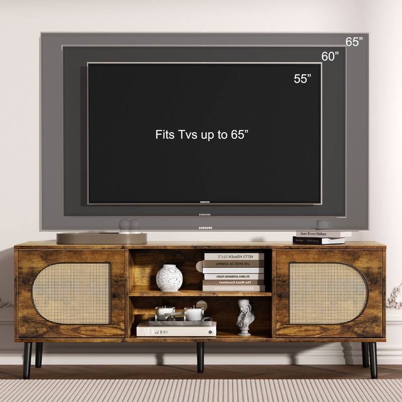 Mixoy Boho TV Stand for TV up to 65",Entertainment Center with Storage Cabinets,Shelf and Rattan Decorative Doors - 55 inches