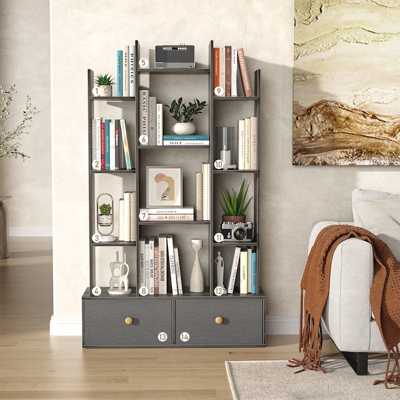 Book Shelf with 2 Drawers Free Standing Bookcase, Office Storage Shelf Organizer with 12 Open Bookshelf