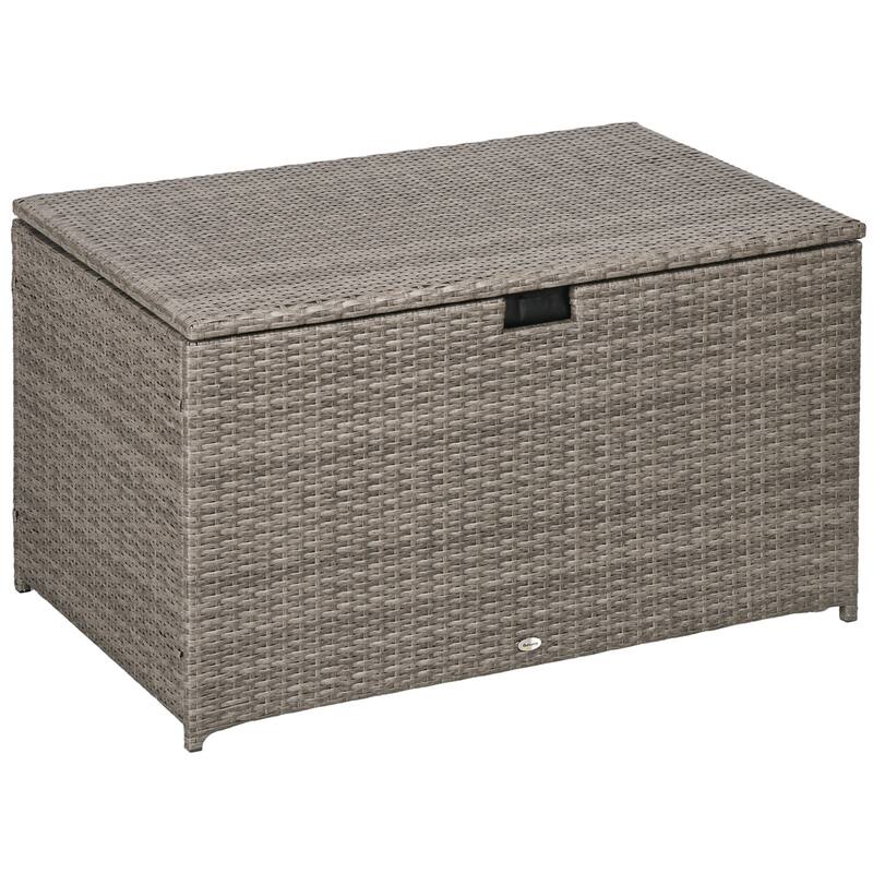 113 Gallon Deck Box Rattan Outdoor Waterproof Storage Box with Front Groove Handle and Hydraulic Gas Spring-Assisted Lift