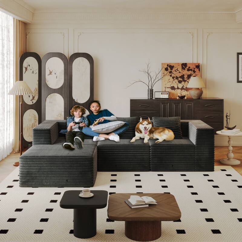 Corduroy Boneless Sectional Couch Floor Deep Seat Sofa with Pillows