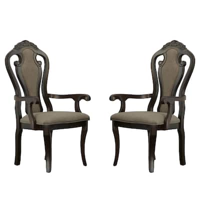 Fabric Upholstered Wooden Arm Chair, Walnut Brown, Set Of 2