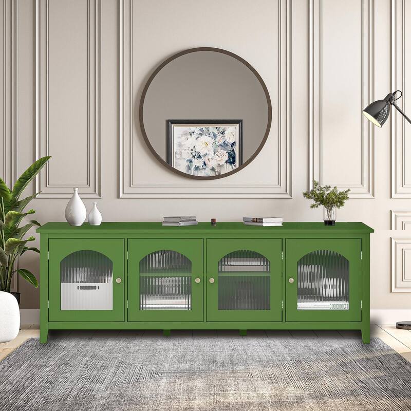 TV Stand Cabinet with 4 Glass Doors, Wood Entertainment Center - 70.87L x 17.72W x 24.02Hinches