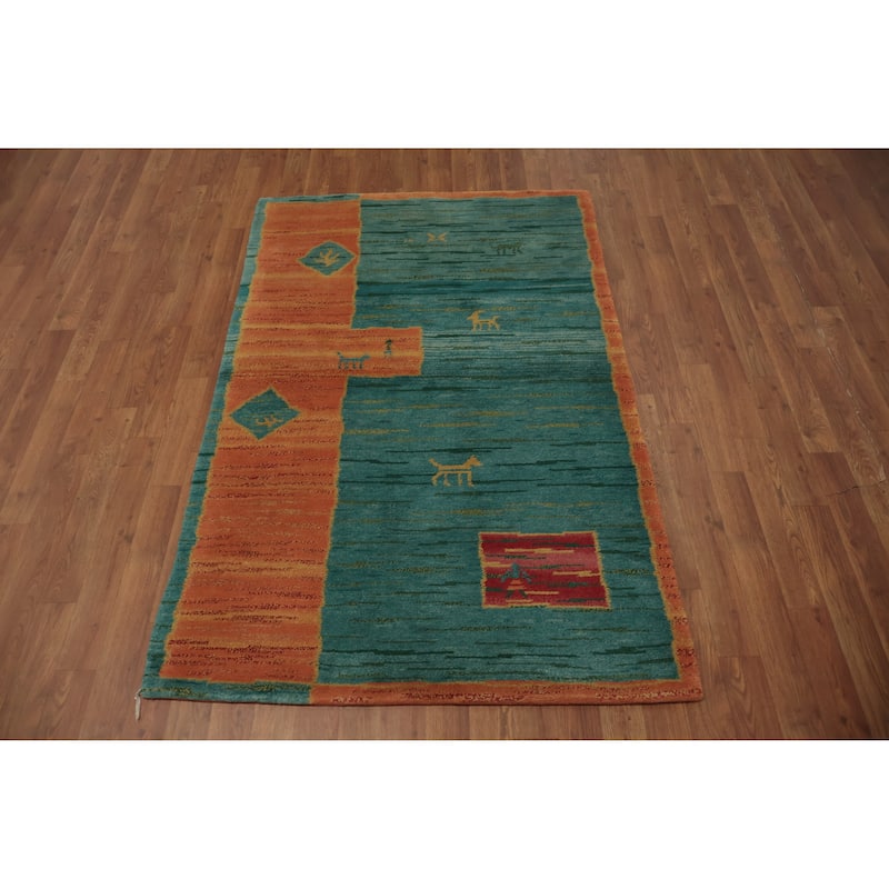 Hand Knotted Oriental 100% Wool Carpet Tribal Geometric Navy Blue & Blues Gabbeh Area Rug - 5' 6'' X 3' 7''