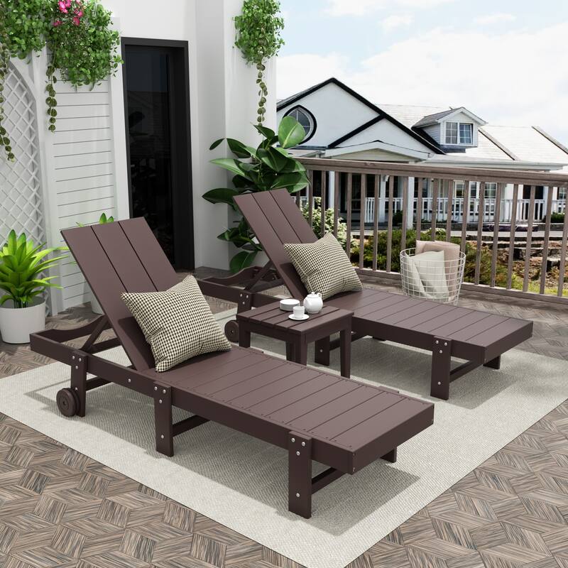 Polytrends Shoreside Modern Poly Eco-Friendly All Weather Reclining Pool Chaise Lounge With Wheels and Side Table (3-Piece Set)
