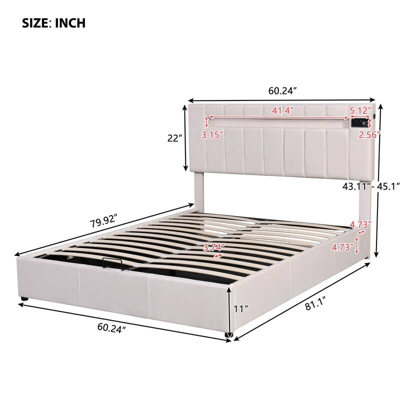 Merax Upholstered Hydraulic Storage Bed with LED light, Bluetooth Player and USB Charging
