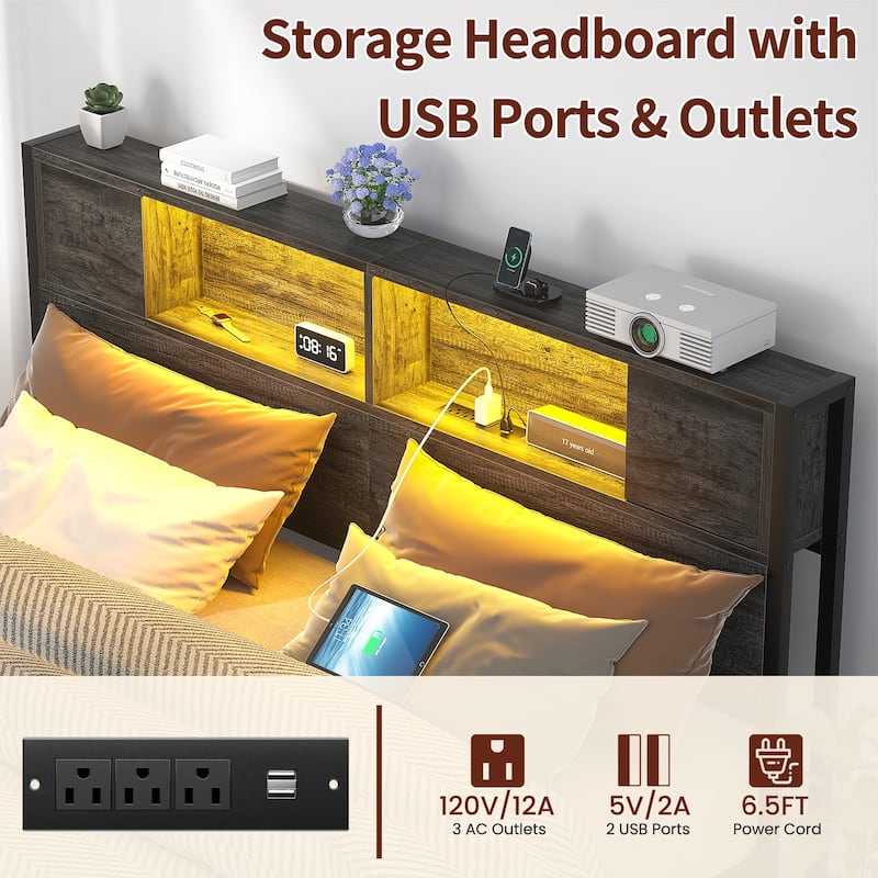 Storage Headboard Platform Bed Frame with Charge Station and LED Light