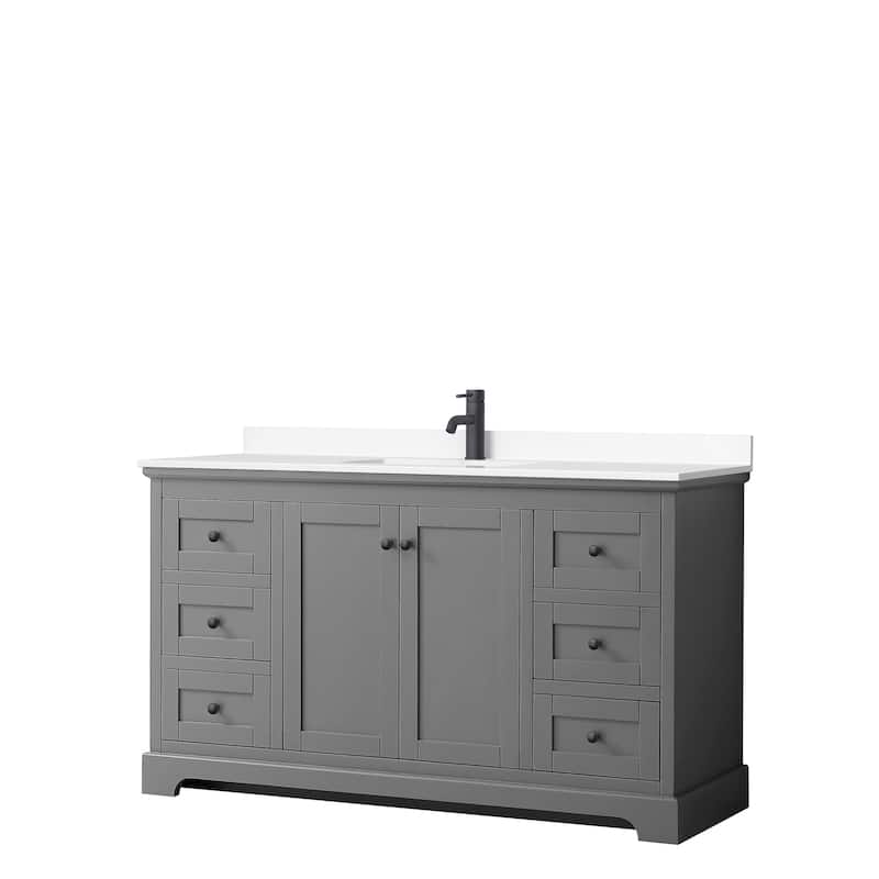 Avery 60 Inch Single Vanity, Cultured Marble Top - Dark Gray, Black Trim, White Cultured Marble Top
