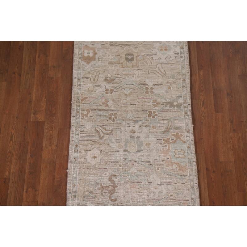 Hand Knotted Oriental 100% Wool Carpet Transitional All-Over Beige & Ivories Oushak Runner Rug - 13' 4'' X 2' 5''