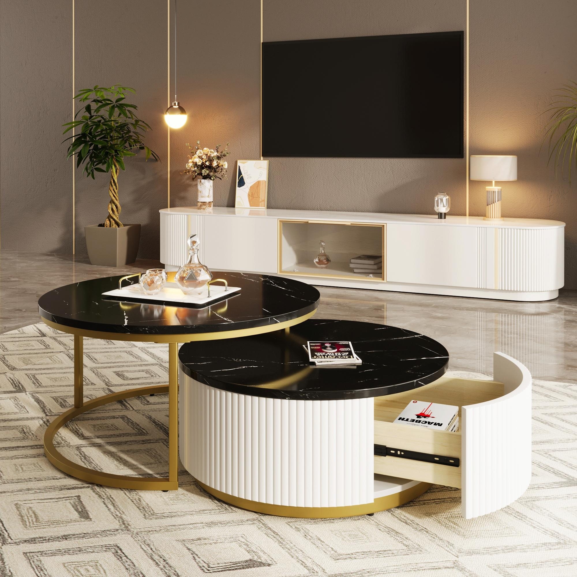 Modern Round Nesting Coffee Table with Fluted Design and Drawer