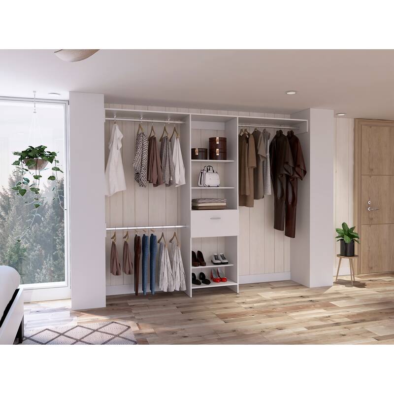 FM Furniture Cross Closet System with Drawer, 3 Metal Rods, and 5 Open Shelves - White