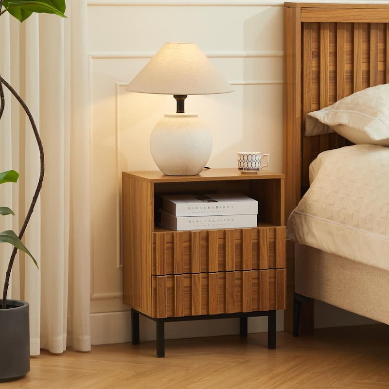 Mid Century Woodgrain Nightstand Pair 2 Drawers Bedside Table - 2PCS-Natural