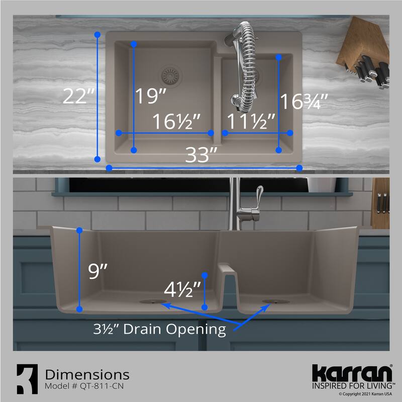 Karran 33" Top Mount Large/Small Bowl Quartz Kitchen Sink Kit - 33" x 22" x 9"