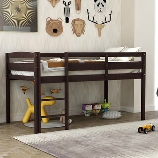 Twin Size Wood Low Loft Bed with Ladder and Fence for Kids, Boys and Girls
