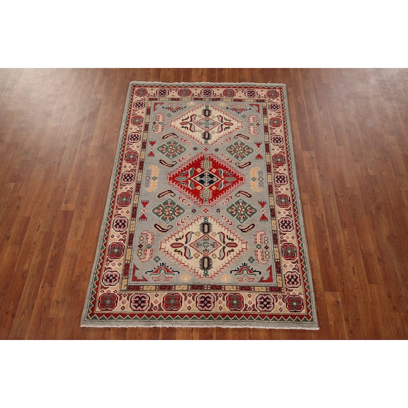 Geometric Grey Kazak Area Rug Hand-Knotted Oriental Wool Carpet - 4'0" x 6'2"