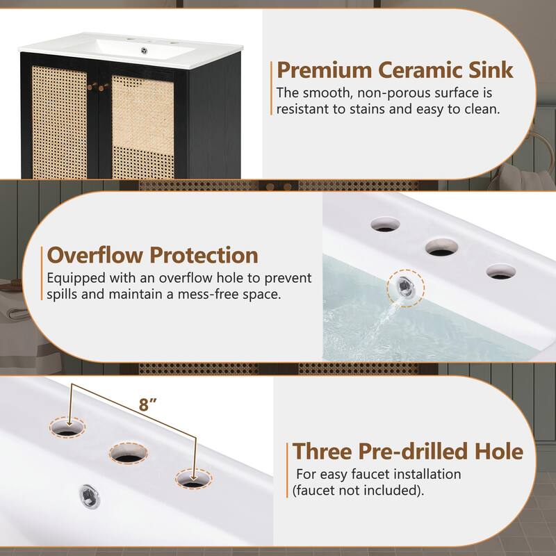 30" Bathroom Vanity with Handmade Rattan Doors - Natural Materials & Soft-Close Mechanisms