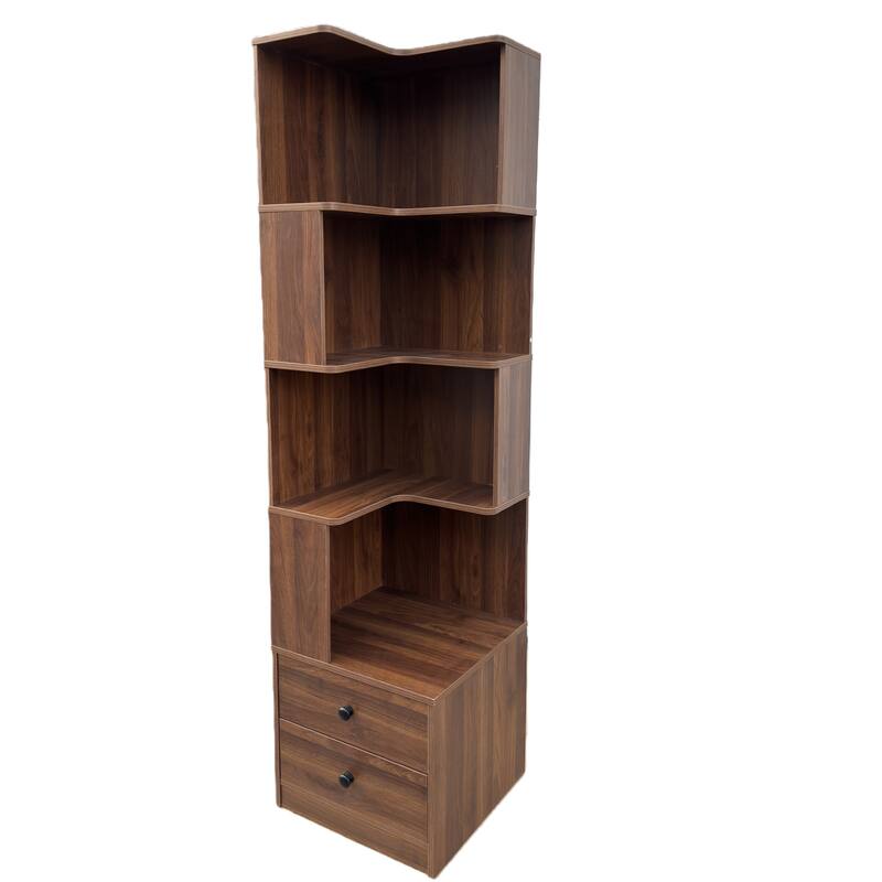 L-Shaped Corner Bookshelf with Drawers and LED Lights, 4-Tier Freestanding Display Stand for Home Office