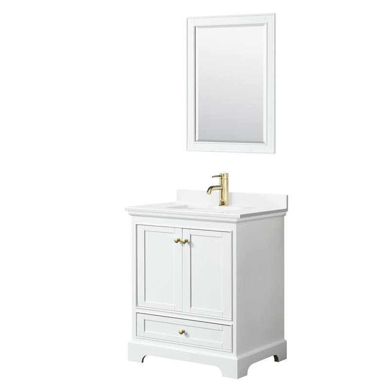 Deborah 30-inch Single Vanity, Quartz Top, 24-inch Mirror - White, Gold Trim, White Quartz Top